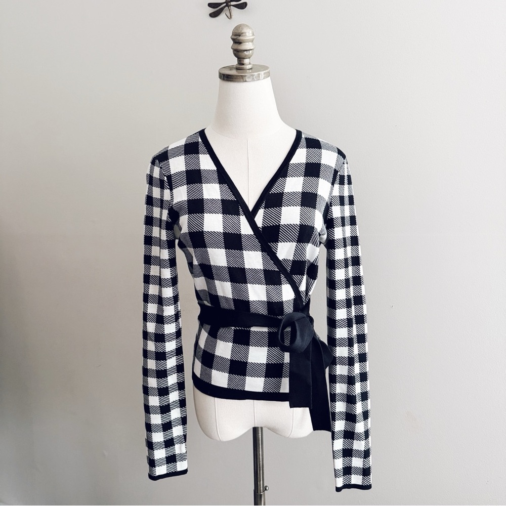 Diane Von Furstenberg Black and White Checked Wrap Sweater